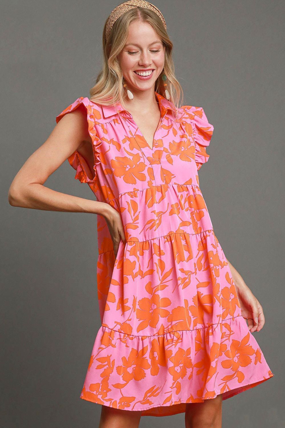 Umgee Full Size Floral Print Ruffle Cap Sleeve Tiered Dress Plus Size Main image