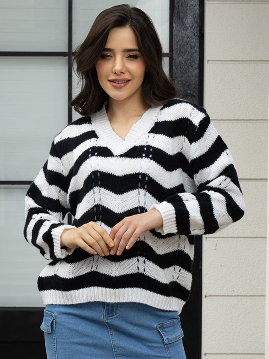 Openwork Striped V-Neck Sweater - felvior