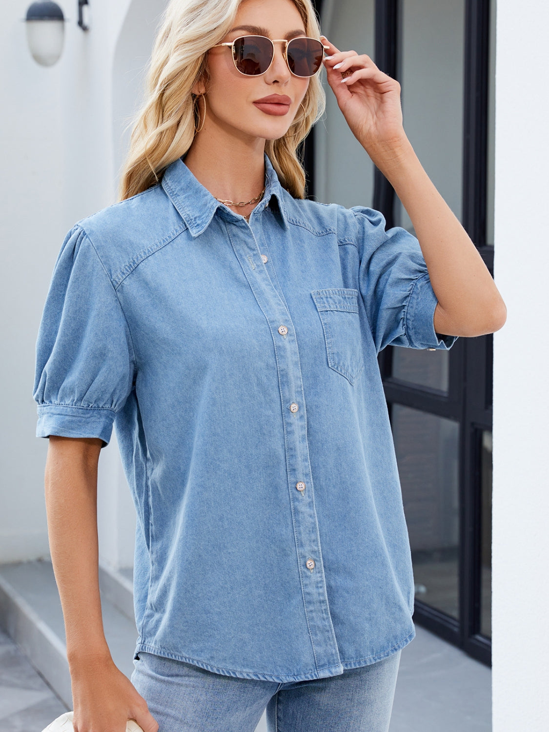 Collared Neck Button Up Denim Shirt - felvior