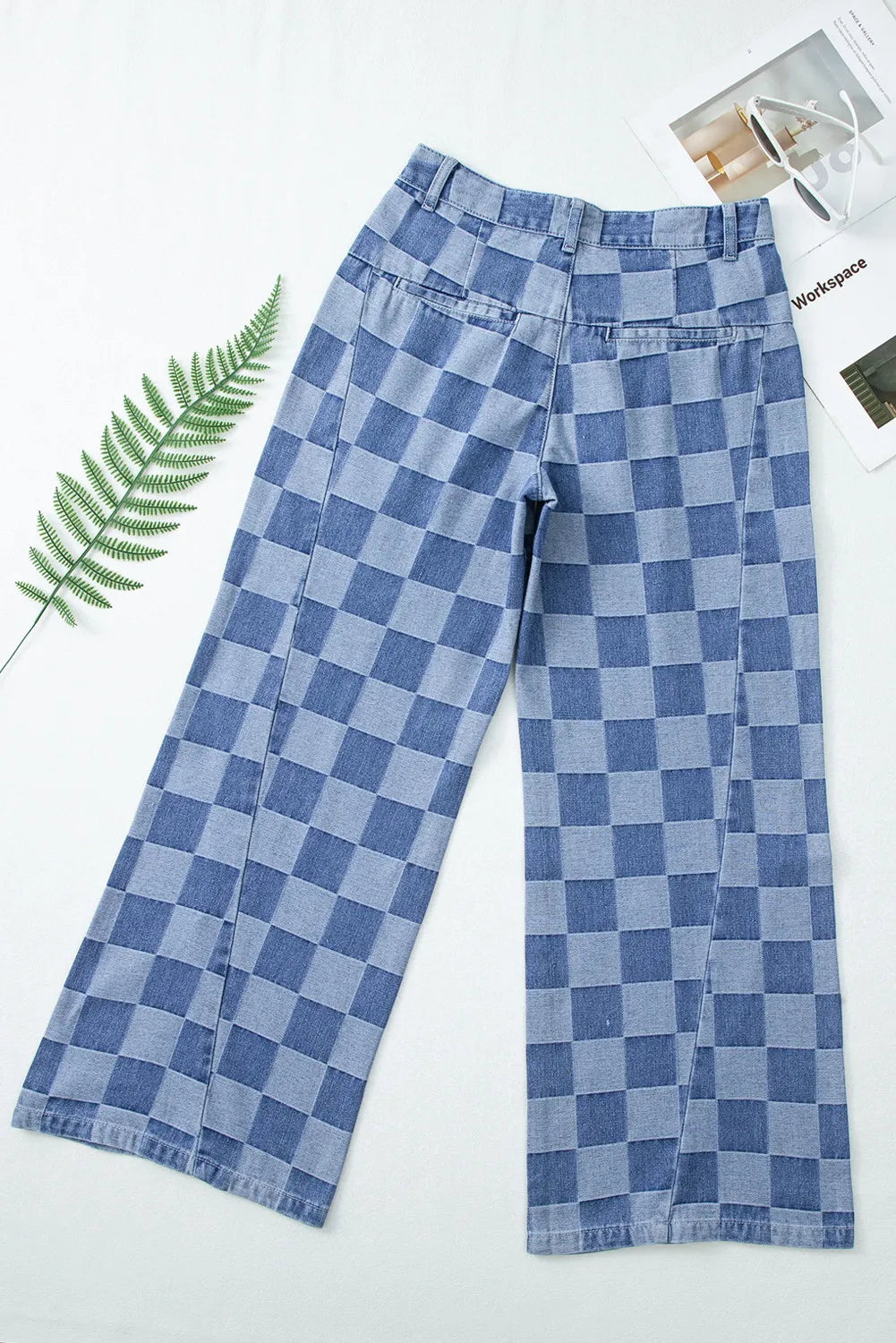 Checkered Wide Leg Jeans with Pockets - felvior