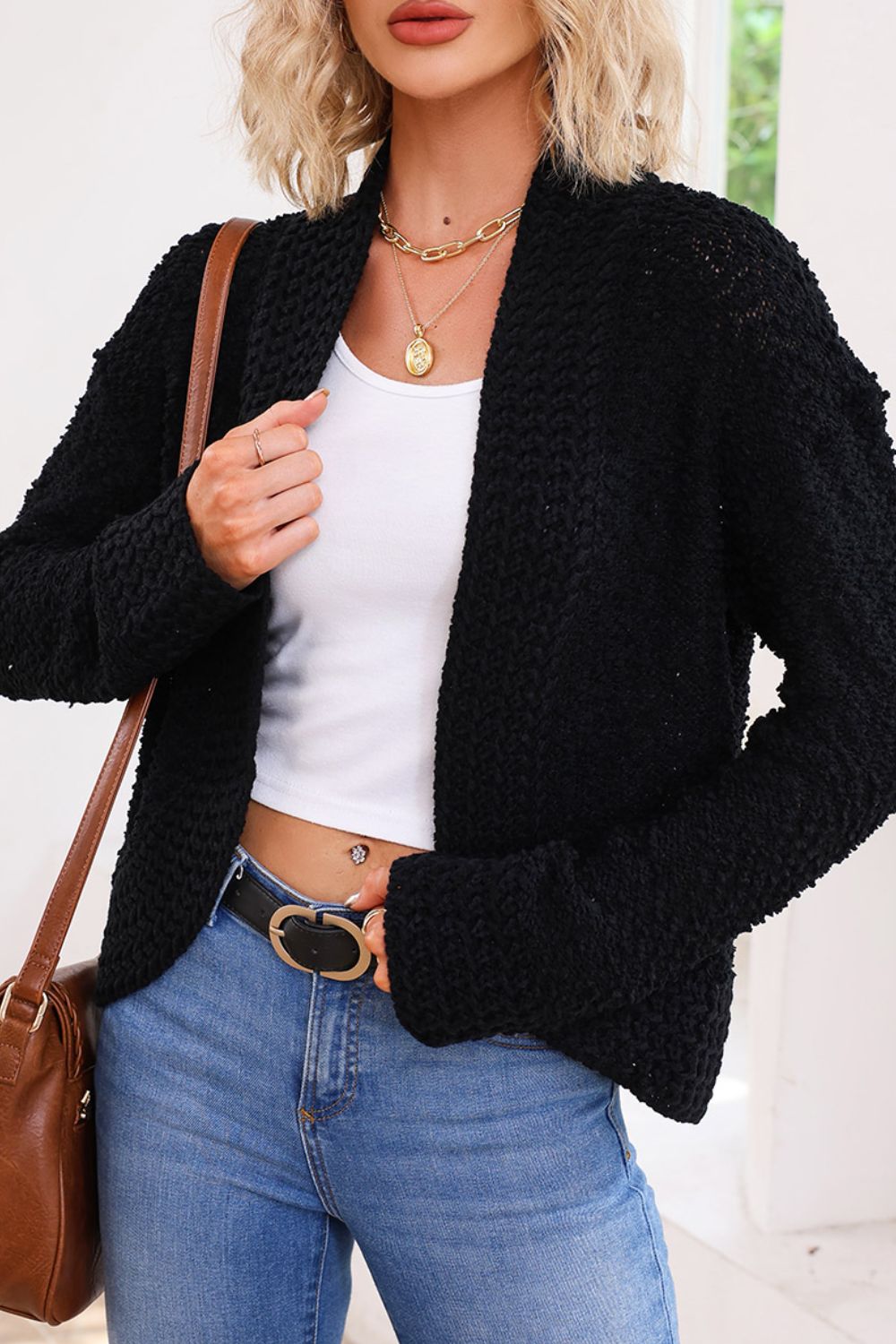Solid Color Open Front Cardigan - felvior