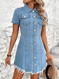 Raw Hem Button Up Short Sleeve Denim Dress - felvior