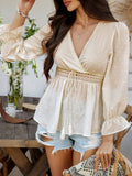 Devine Swiss Dot Lace Detail Surplice Flounce Sleeve Blouse - felvior