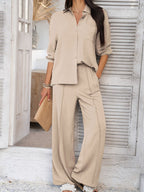 Devine Collared Neck Long Sleeve Top and Pants Set