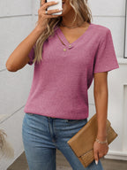 Ribbed V-Neck Short Sleeve T-Shirt