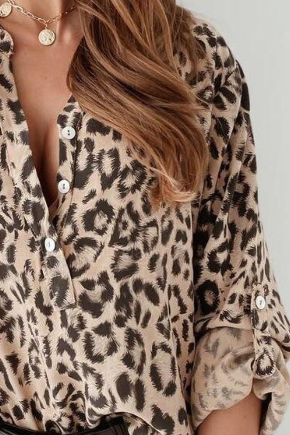 Leopard Button Detail Notched Long Sleeve Blouse - felvior