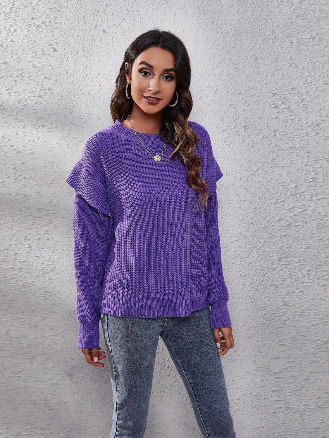 Ruffled Round Neck Dropped Shoulder Sweater - felvior