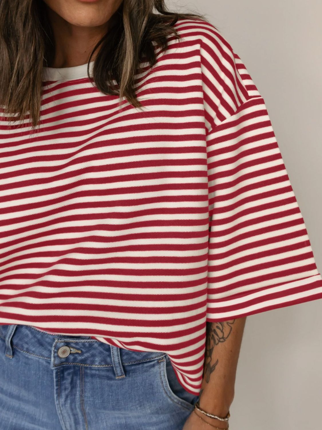 Stripe Bow Decor Cutout Drop Shoulder Top - felvior