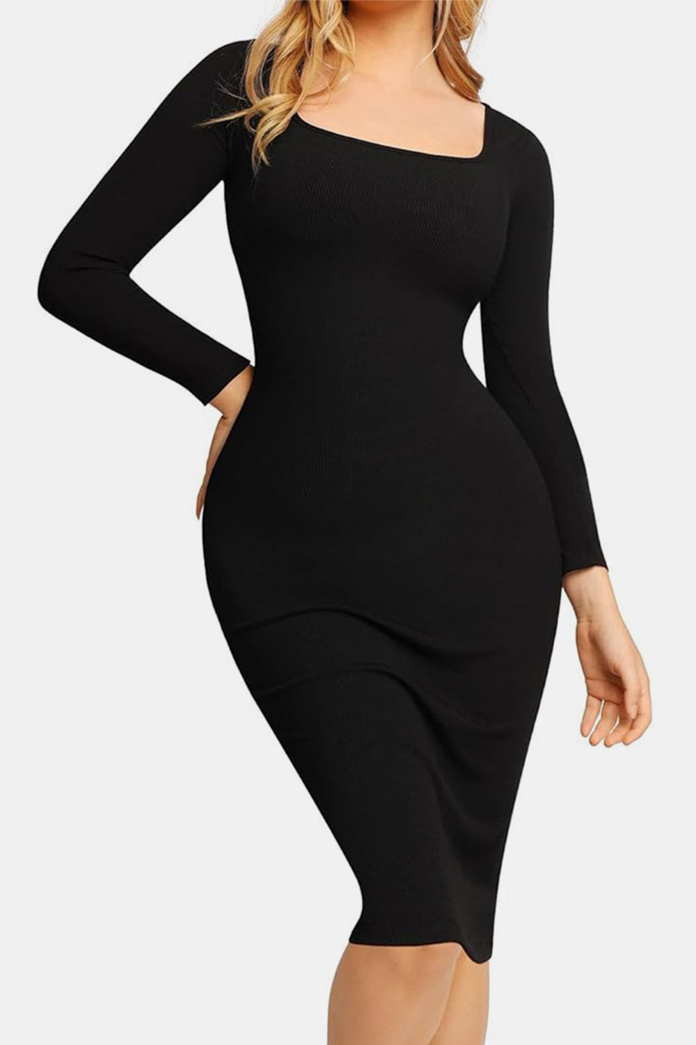 Basic Bae Full Size Built-In Shapewear Square Neck Long Sleeve Dress - felvior