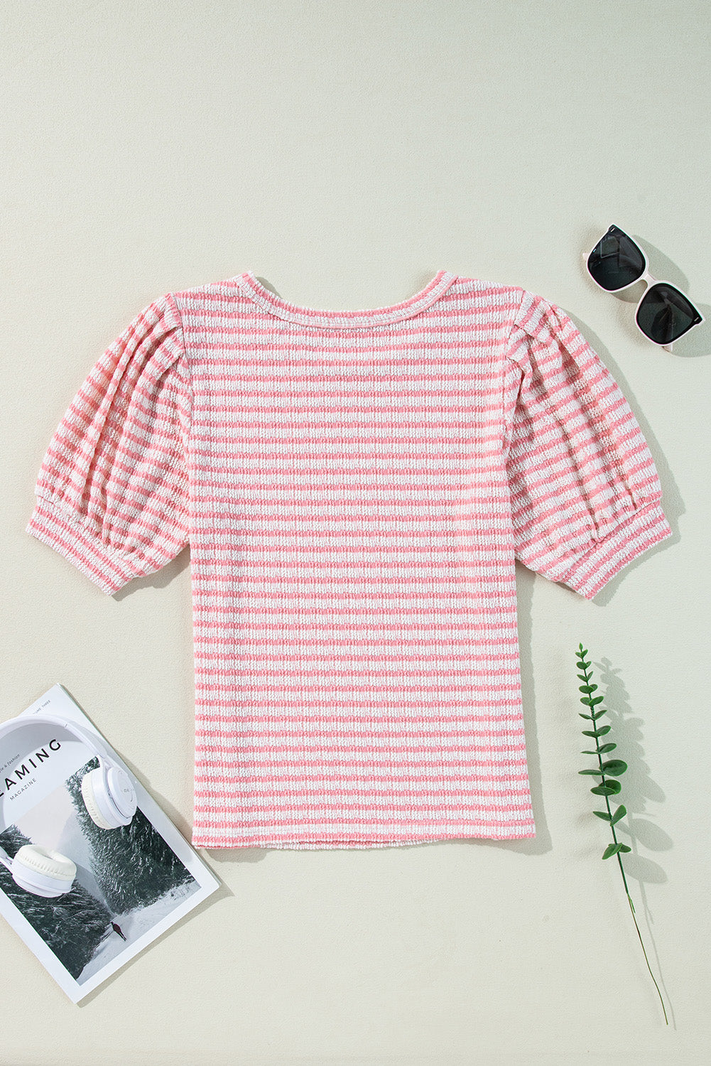 Stripe Textured Puff Sleeve Crewneck Top - felvior