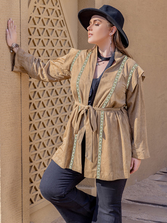 Plus Size Long Sleeve Tie Waist Cardigan - felvior
