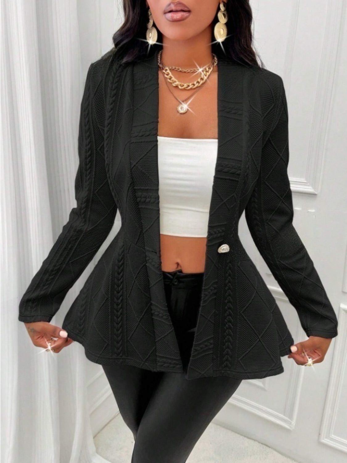 One Button Textured Peplum Cardigan - felvior