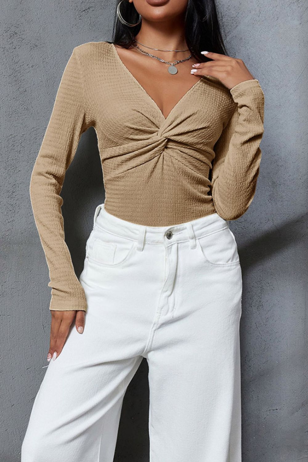 Twisted V-Neck Long Sleeve Blouse - felvior