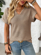 Striped Notched Short Sleeve T-Shirt