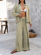 Devine Button Down Long Sleeve Top and Wide Leg Pants Set