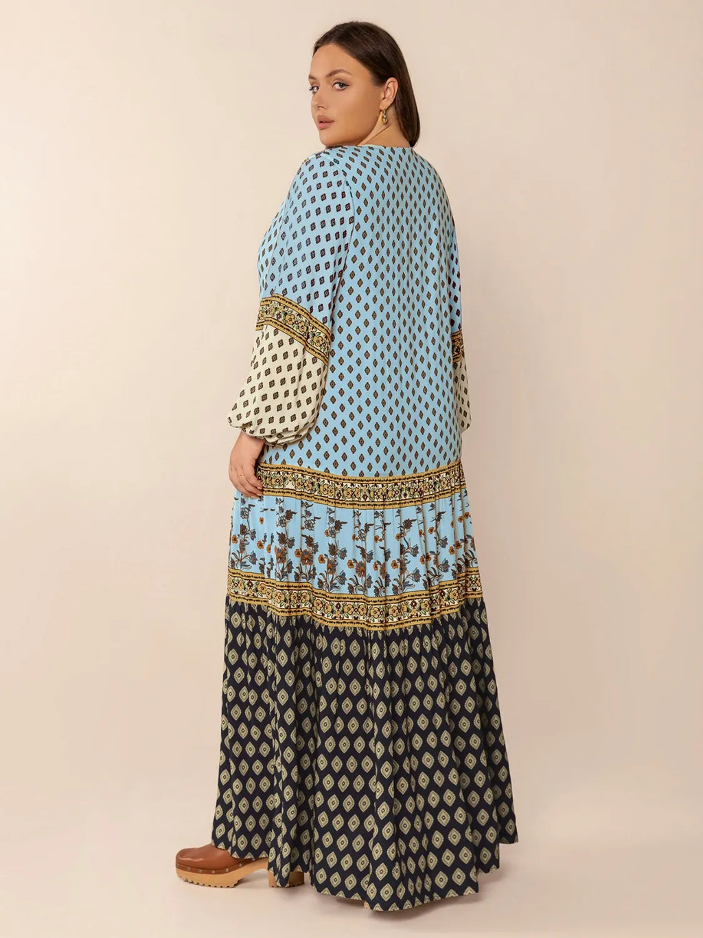 Plus Size Printed V-Neck Balloon Sleeve Maxi Dress