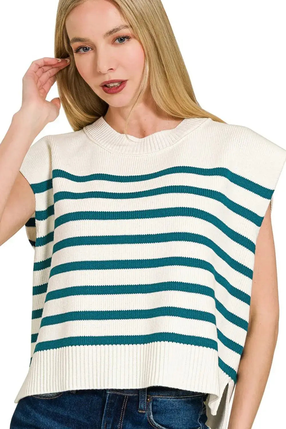 Zenana Oversized Crew Neck Stripe Sweater Vest Hauptbild