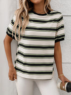 Contrast Striped Round Neck Short Sleeve T-Shirt