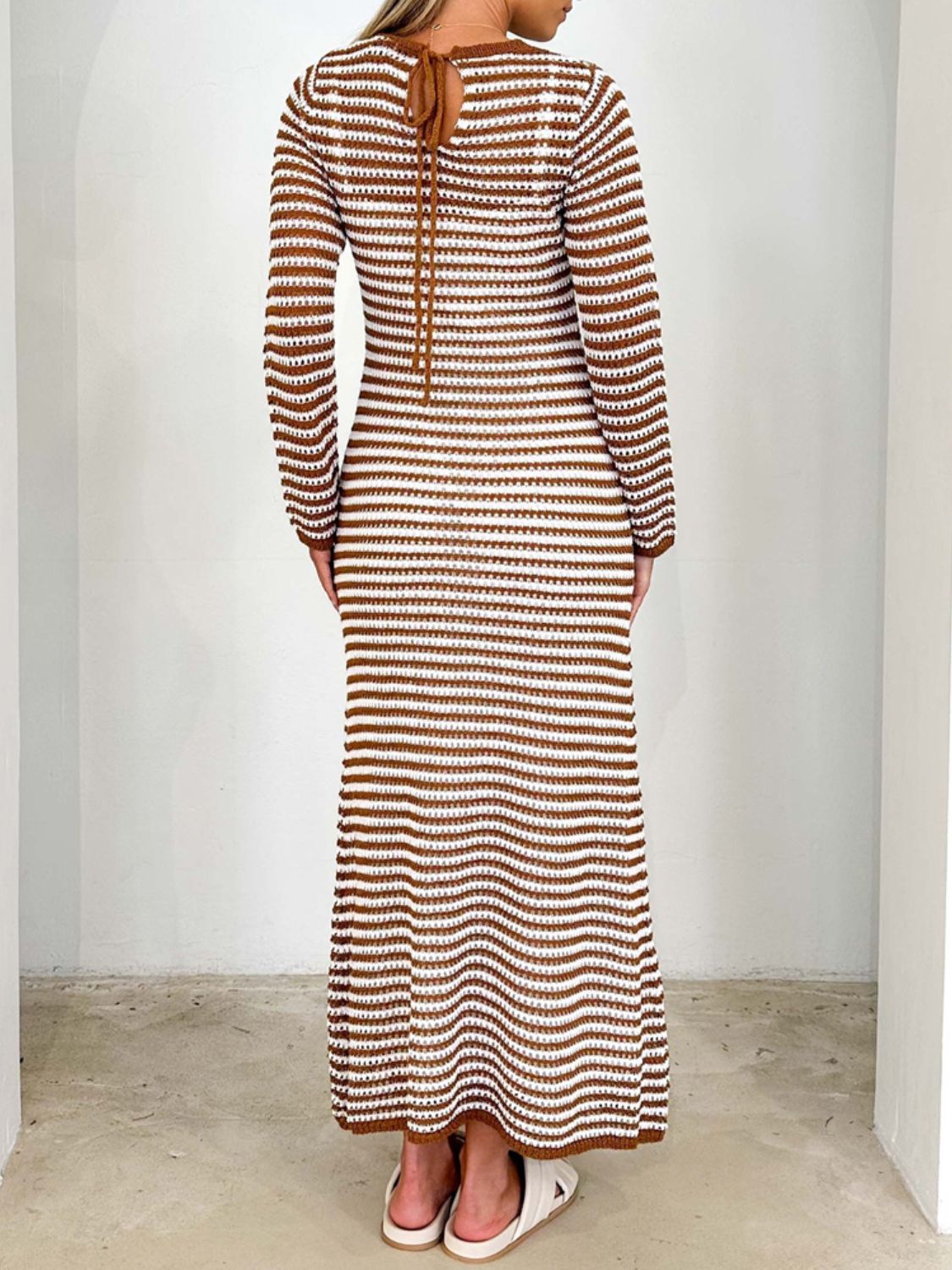 Devine Tied Round Neck Striped Sweater Dress - felvior
