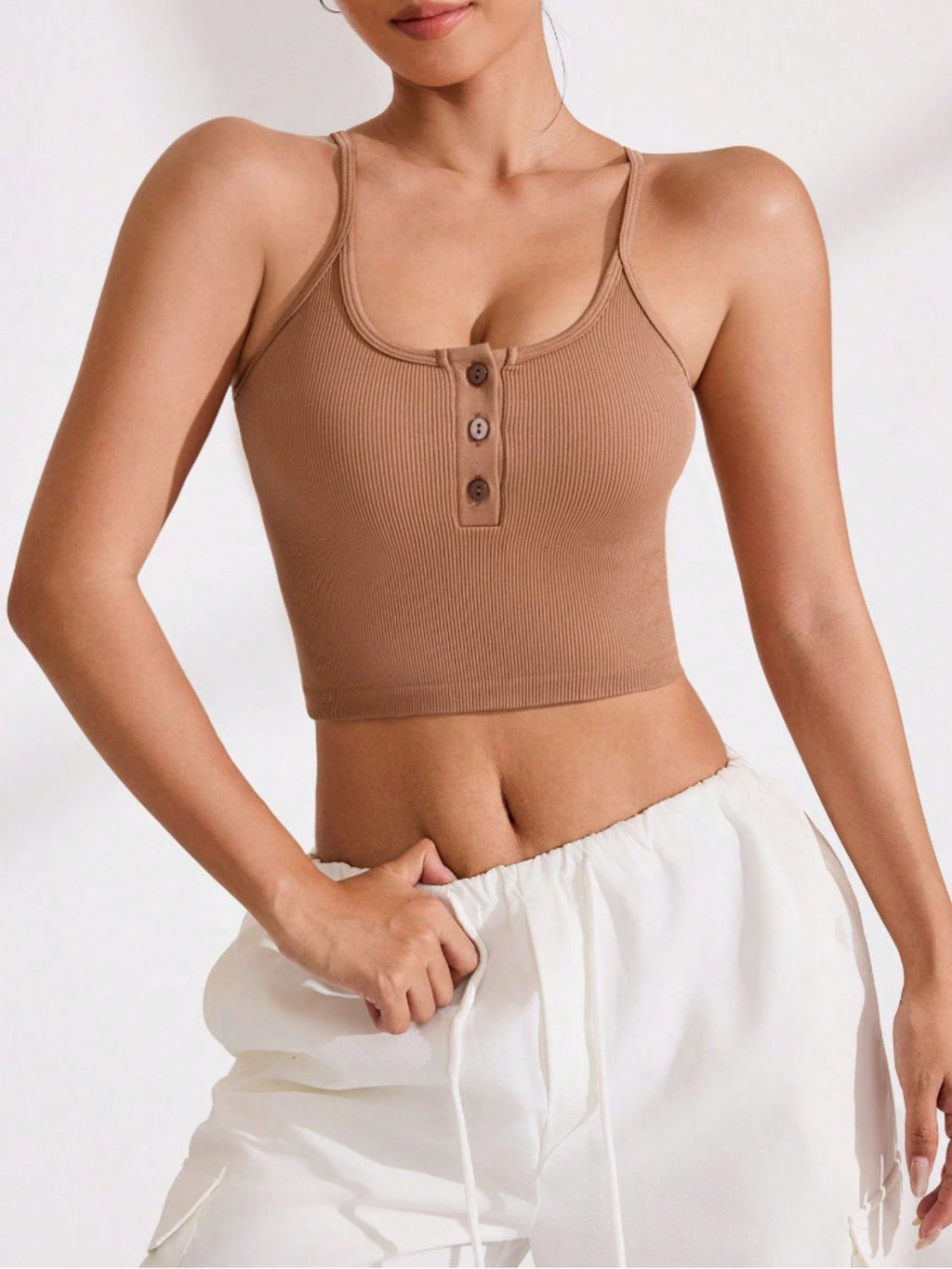 Ribbed Half Button Cropped Active Cami