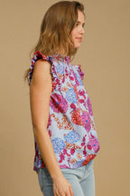 Umgee Full Size Floral Print Ruffled Cap Sleeve Blouse Plus Size