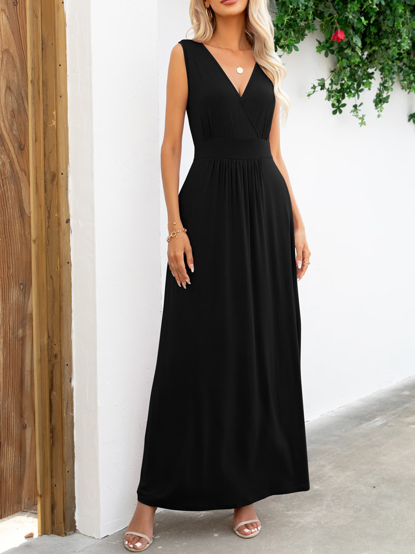 Surplice Neck Sleeveless Maxi Dress - felvior