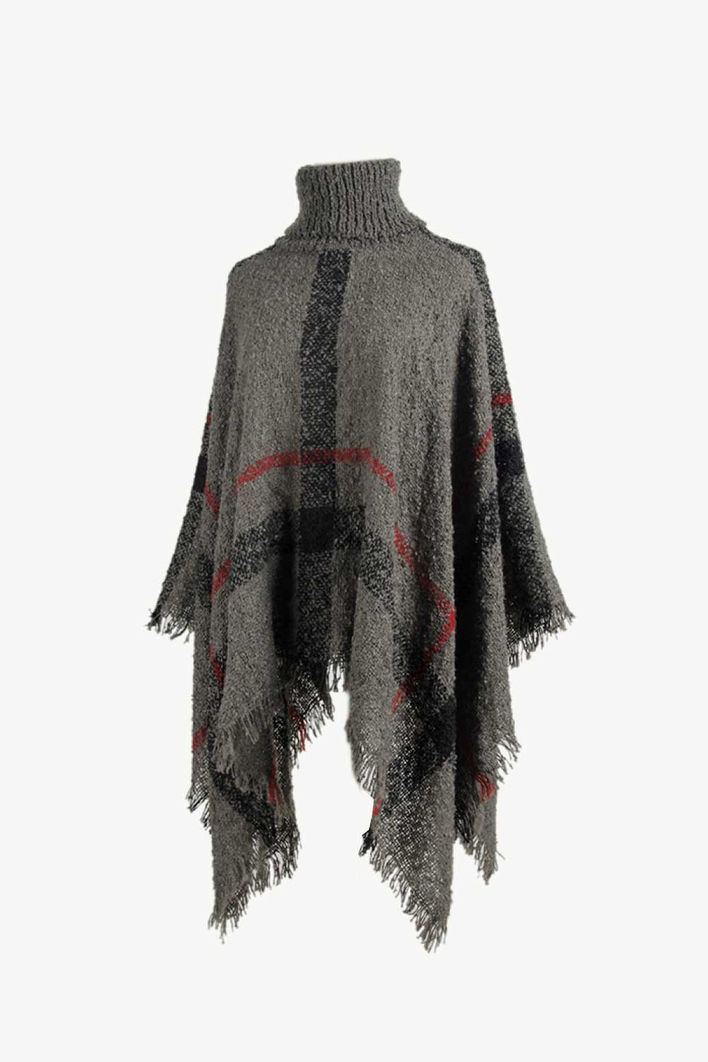 Plaid Turtleneck Raw Hem Poncho - felvior