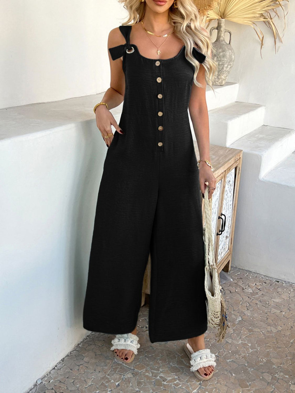 Devine Button Front Knotted Strap Wide Leg Jumpsuit