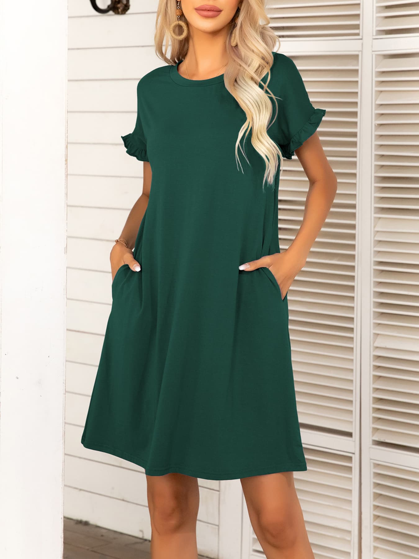 Round Neck Flounce Sleeve Dress with Pockets - felvior