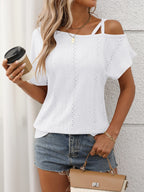 Eyelet Asymmetrical Shoulder Short Sleeve T-Shirt