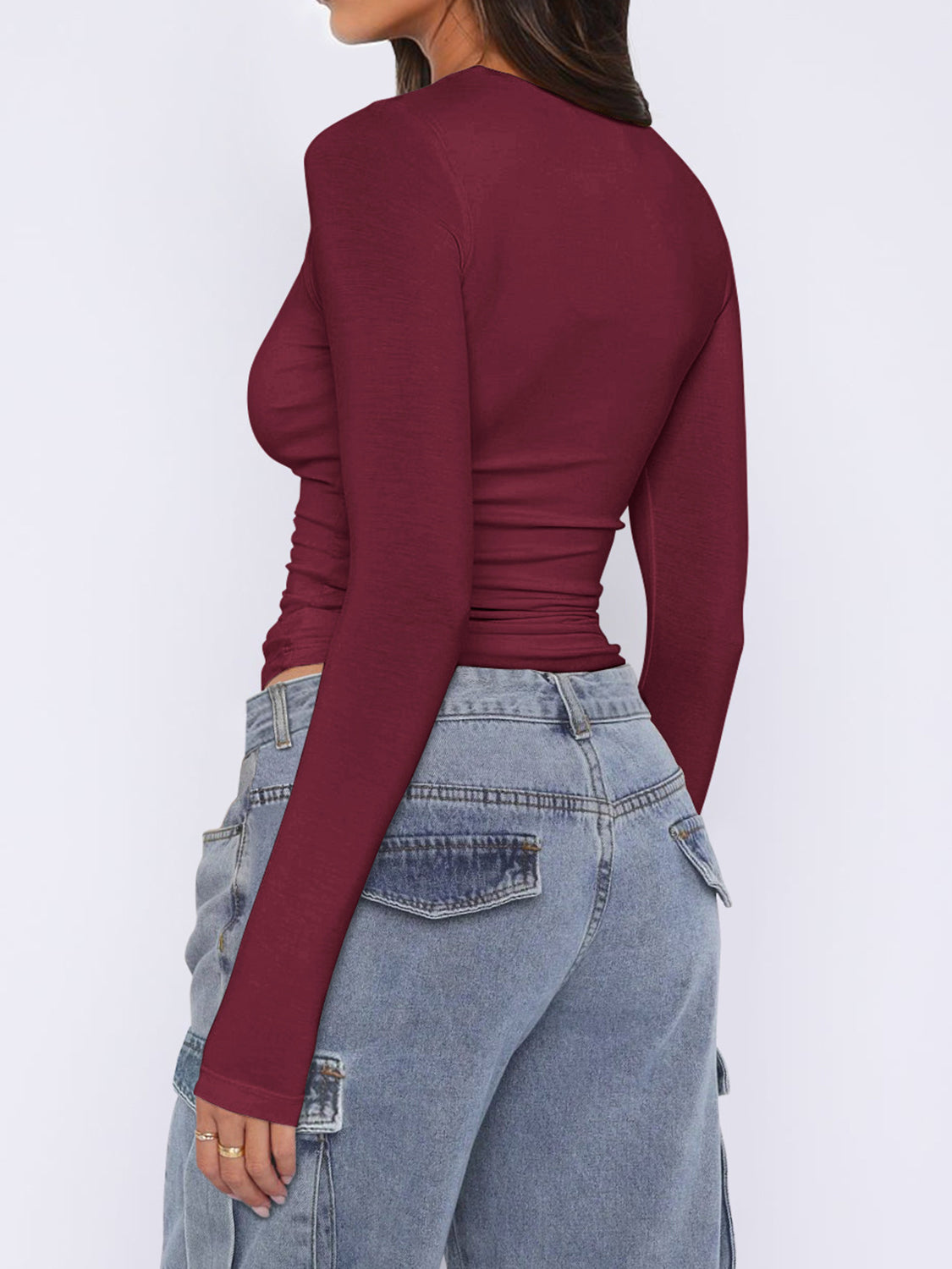 Ruched Asymmetrical Neck Long Sleeve T-Shirt - felvior