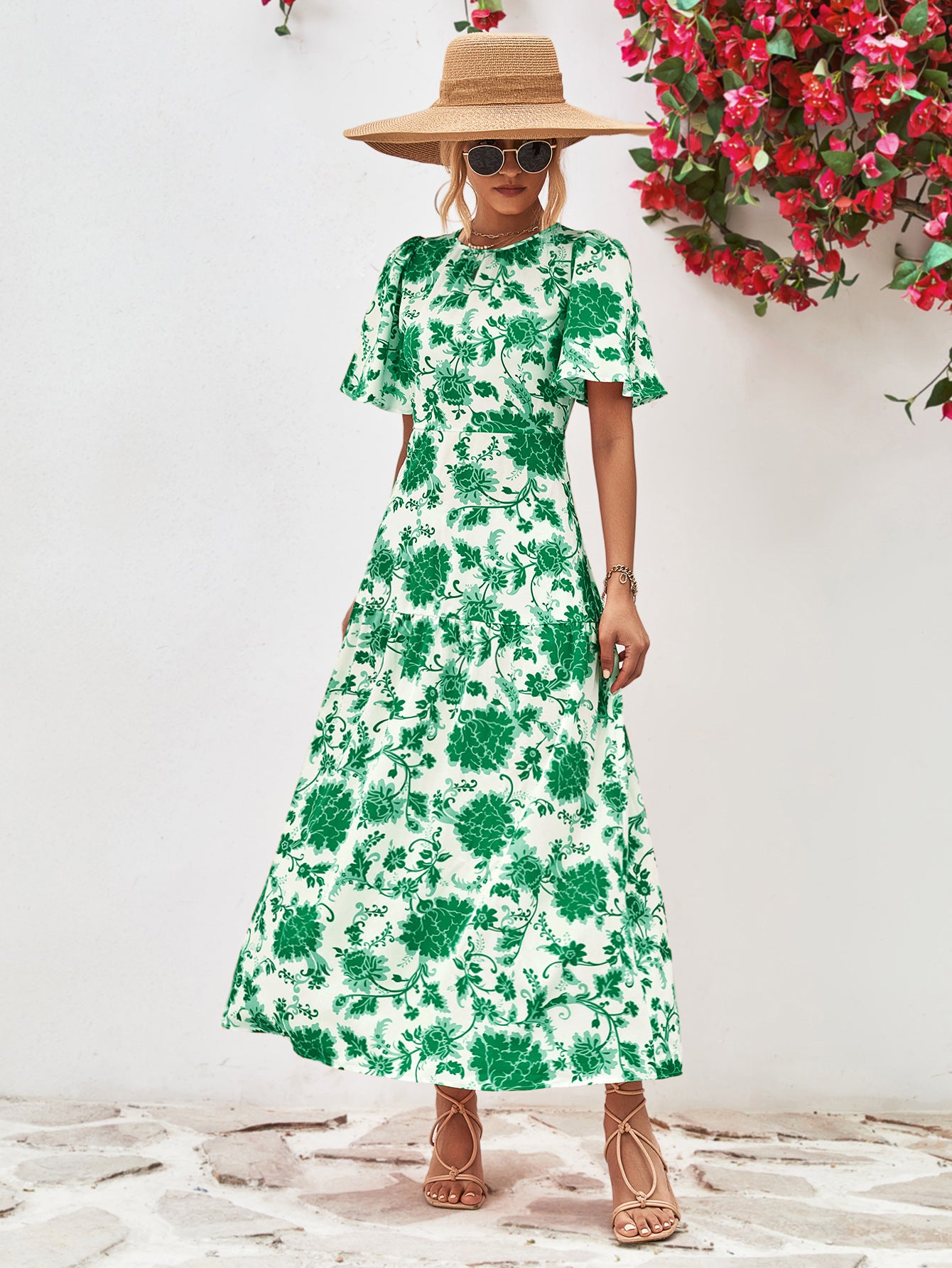 Floral Round Neck Tied Open Back Dress - felvior