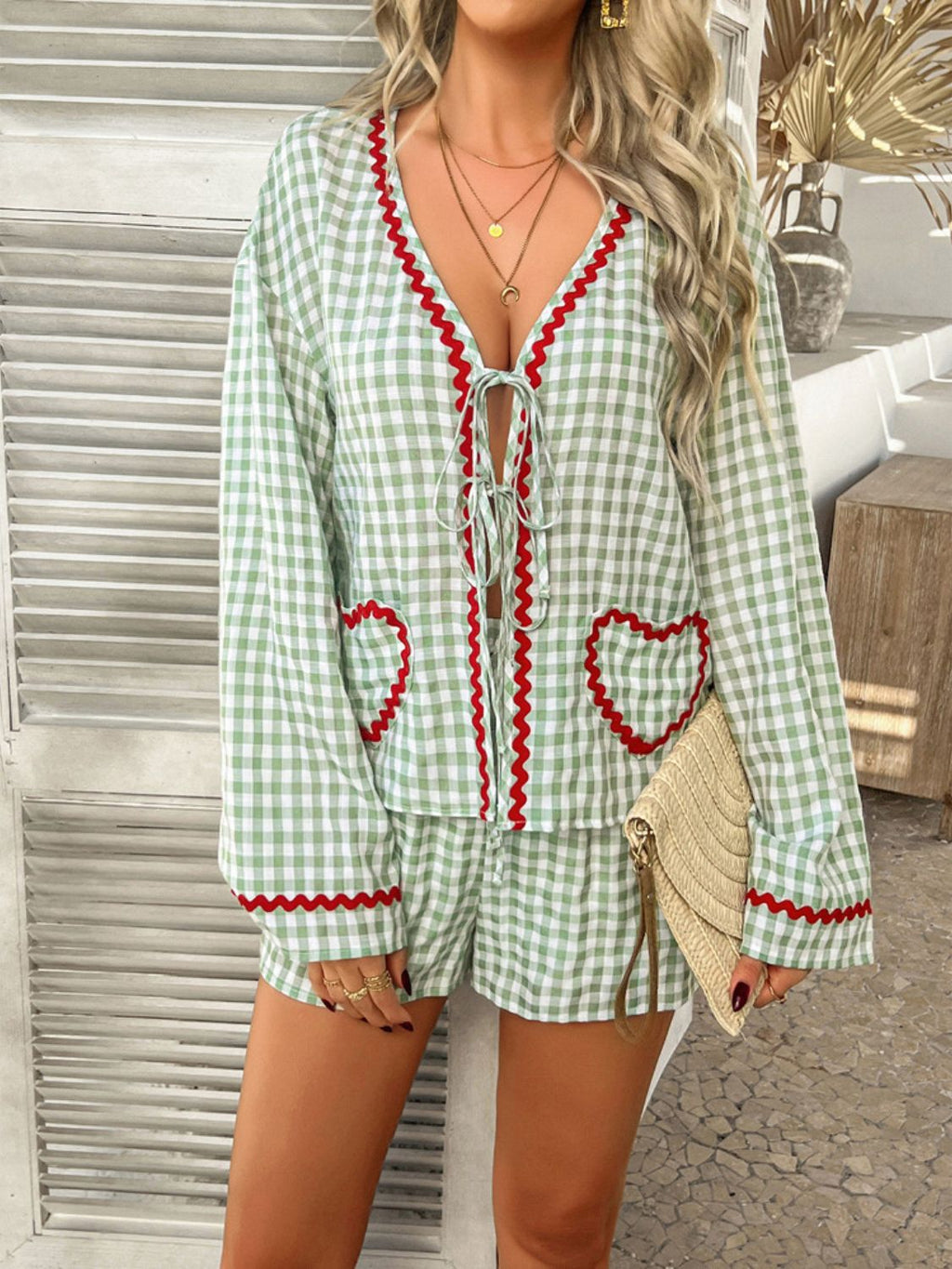 Devine Tie Front Contrast Plaid Shirt and Shorts Set