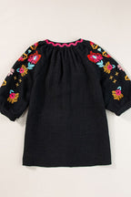 Floral Embroidered Notched Puff Sleeve Blouse