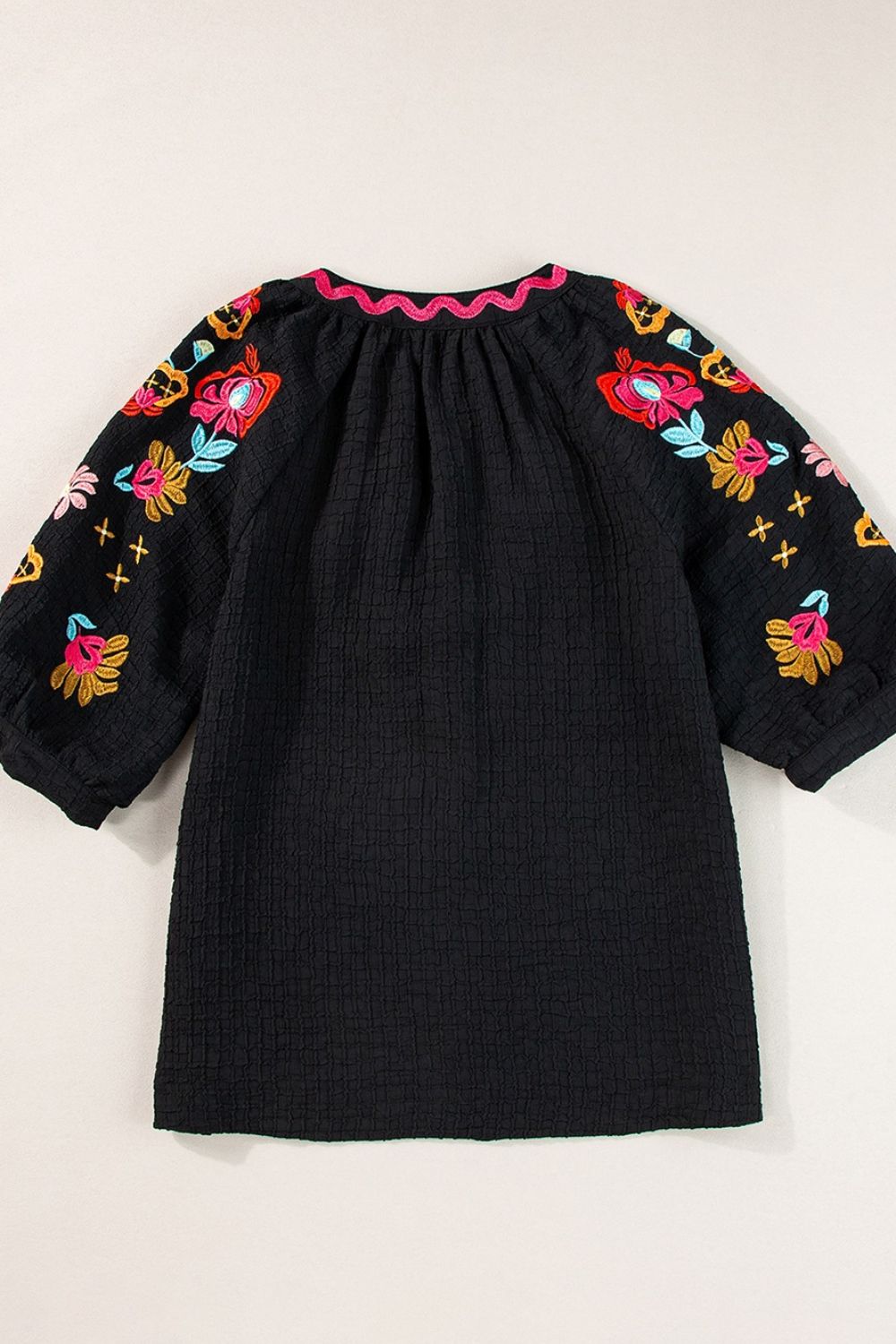 Floral Embroidered Notched Puff Sleeve Blouse