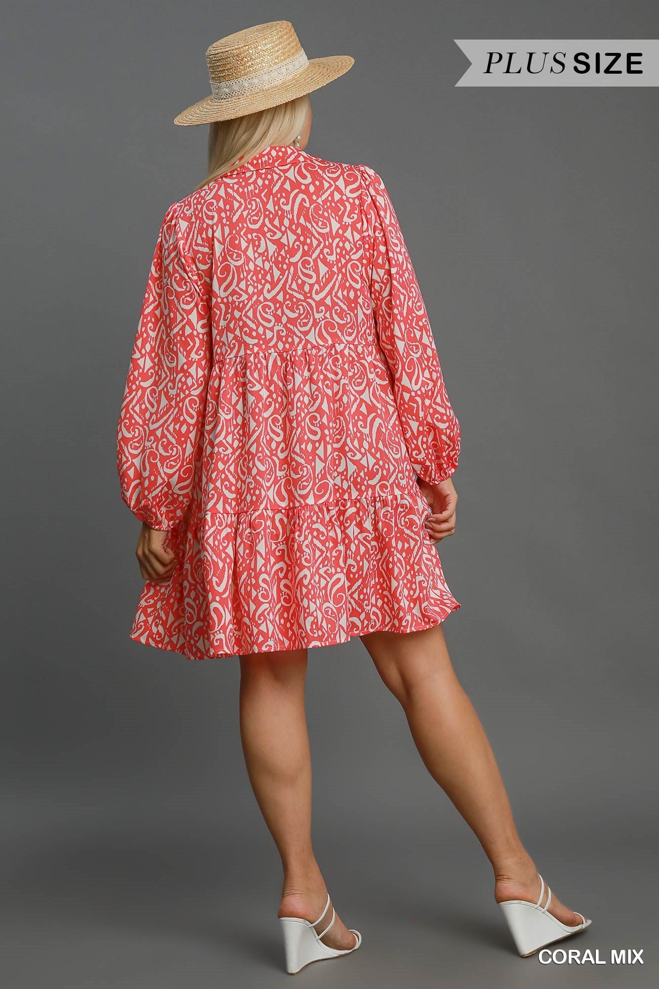 Umgee Full Size Two Tone Print Balloon Sleeve Tiered Dress Plus Size - felvior