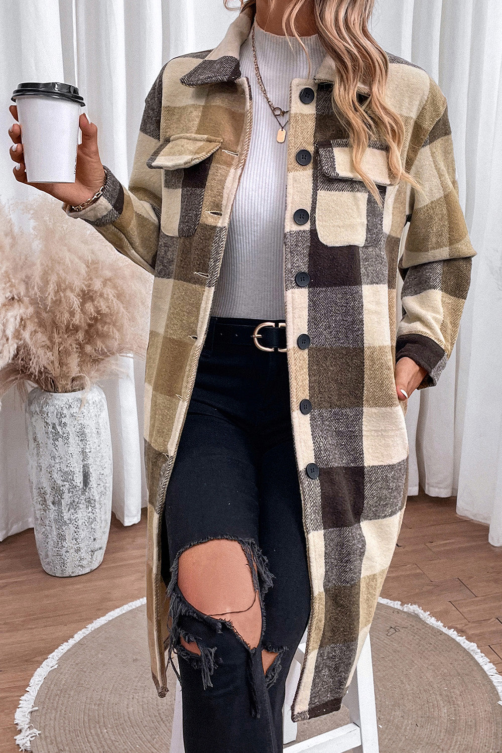 Plaid Button Down Longline Coat - felvior