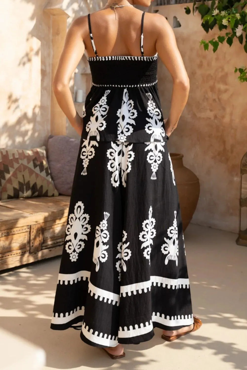 Printed Square Neck Cami and Wide Leg Pants Set - felvior