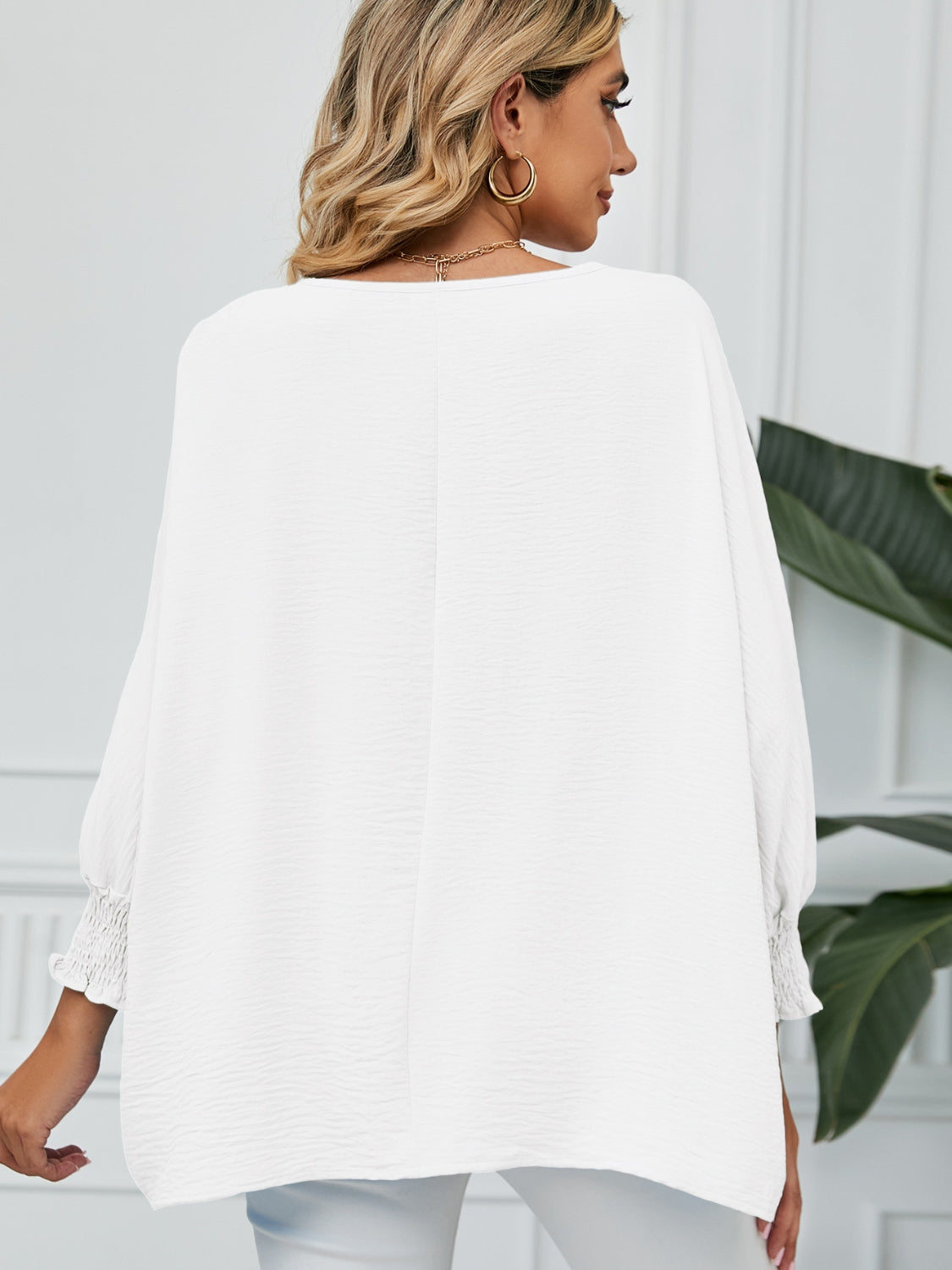 Smocked Lantern Sleeve Round Neck Blouse - felvior