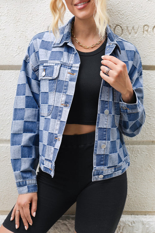 Checkered Button Up Long Sleeve Denim Jacket - felvior