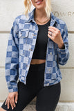Checkered Button Up Long Sleeve Denim Jacket - felvior