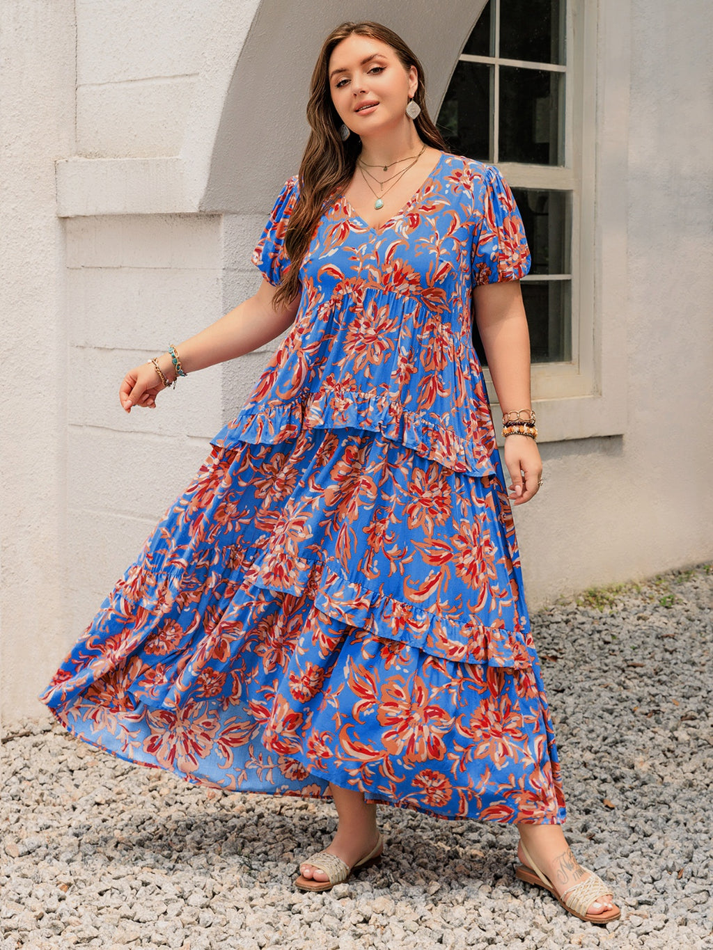 Plus Size Ruffled Printed V-Neck Short Sleeve Maxi Dress