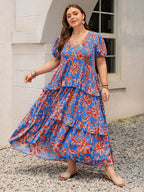 Plus Size Ruffled Printed V-Neck Short Sleeve Maxi Dress