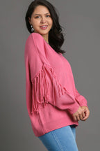 Umgee Full Size Fringe Round Neck Long Sleeve Sweater Plus Size