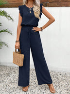 Lace Trim Round Neck Top and Pants Set