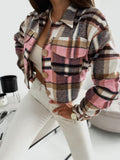 Pocketed Collared Neck Long Sleeve Plaid Jacket - felvior