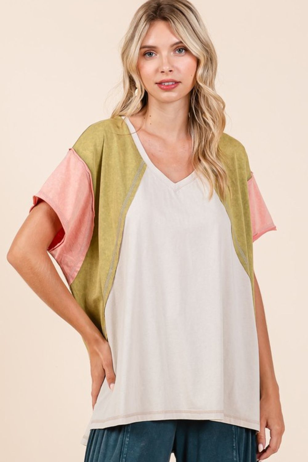 Mittoshop Color Block V-Neck Short Sleeve T-Shirt - felvior
