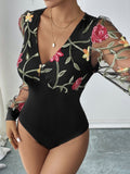 Perfee Embroidered V-Neck Long Sleeve Bodysuit - felvior
