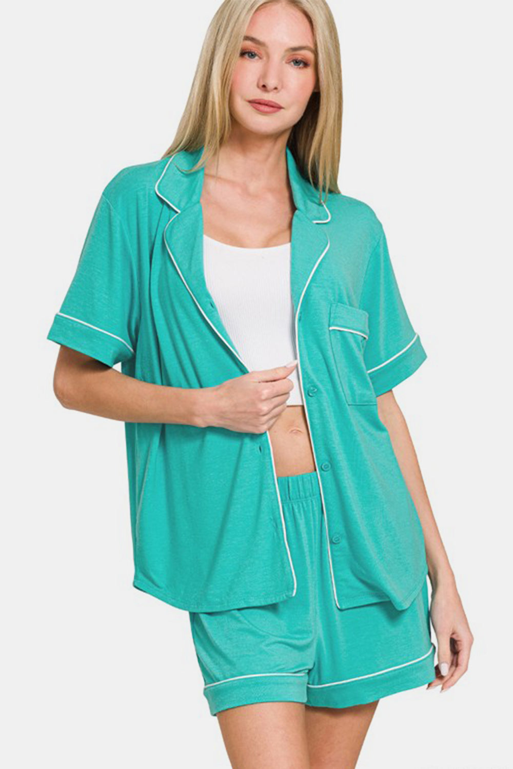 Zenana Button Down Short Sleeve Top and Shorts Lounge Set - felvior