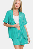 Zenana Button Down Short Sleeve Top and Shorts Lounge Set - felvior